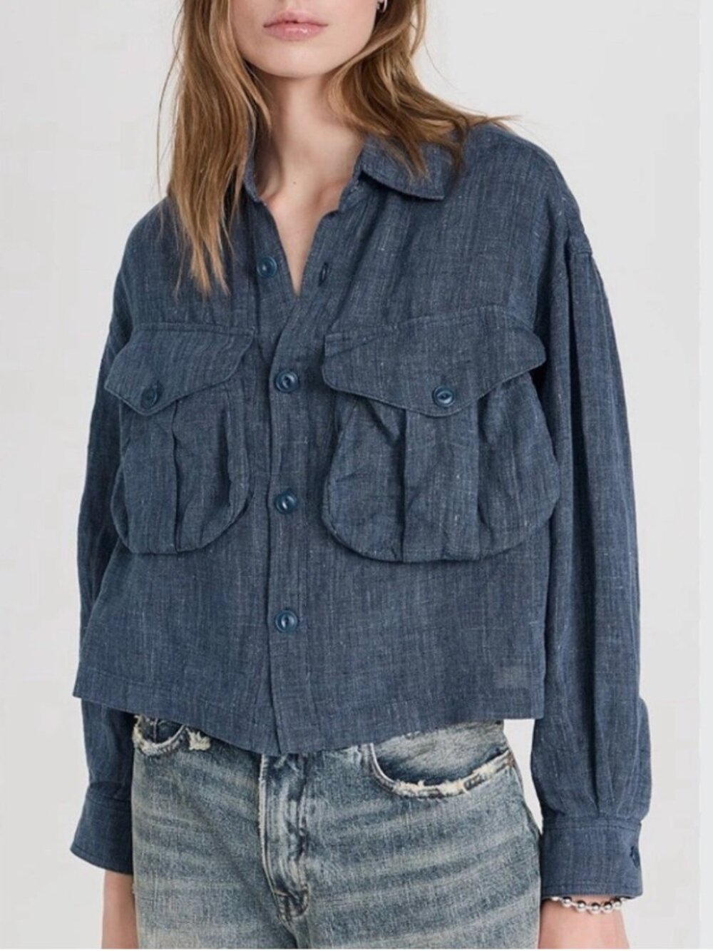 R13 Cropped Linen Bellow Pocket Shirt in Indigo Blue Size M NWOT